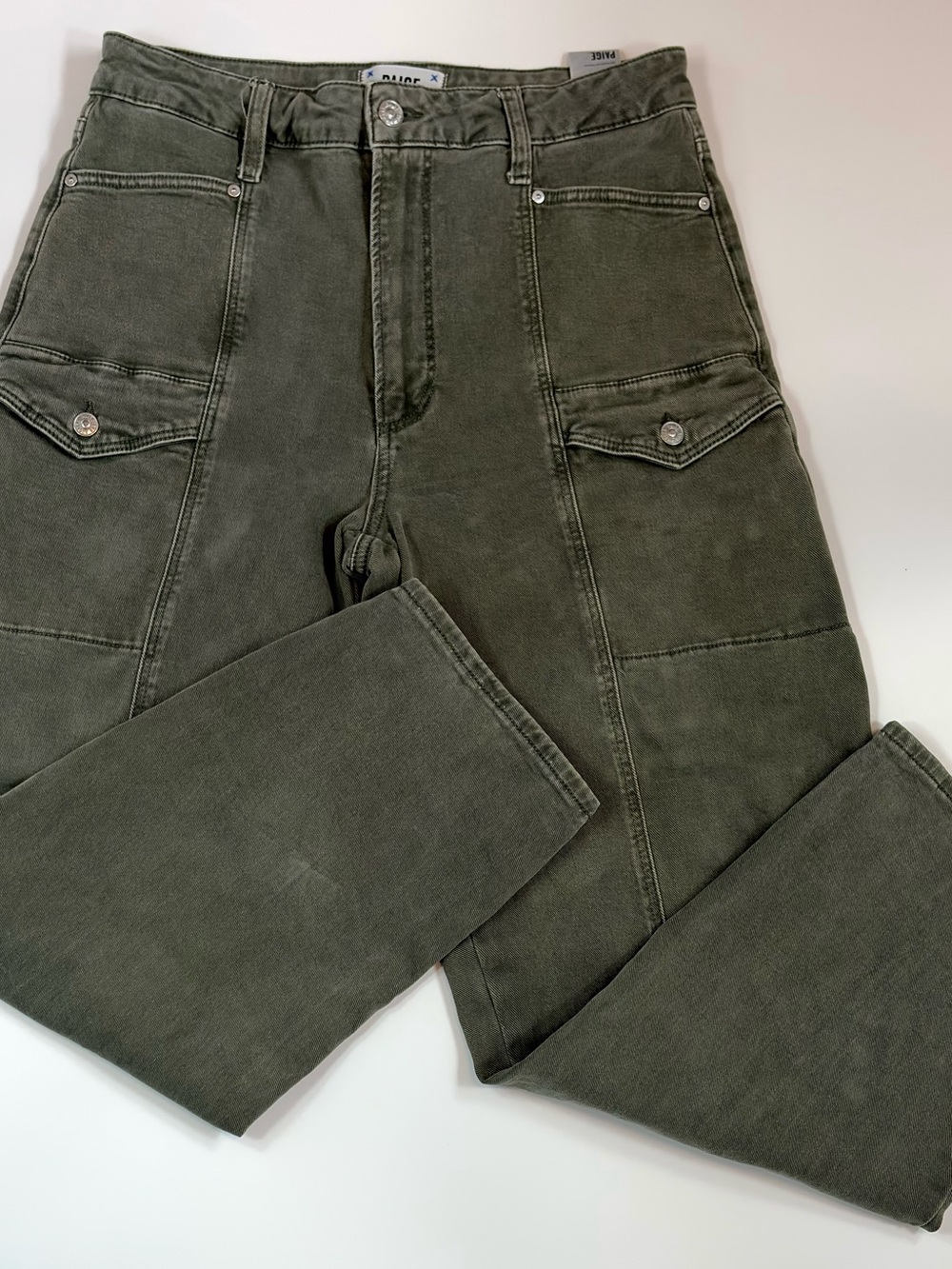 PAIGE Alexis Utility Barrel Leg Jeans Olive Green High Rise Crop Women’s 29 - Picture 9 of 14
